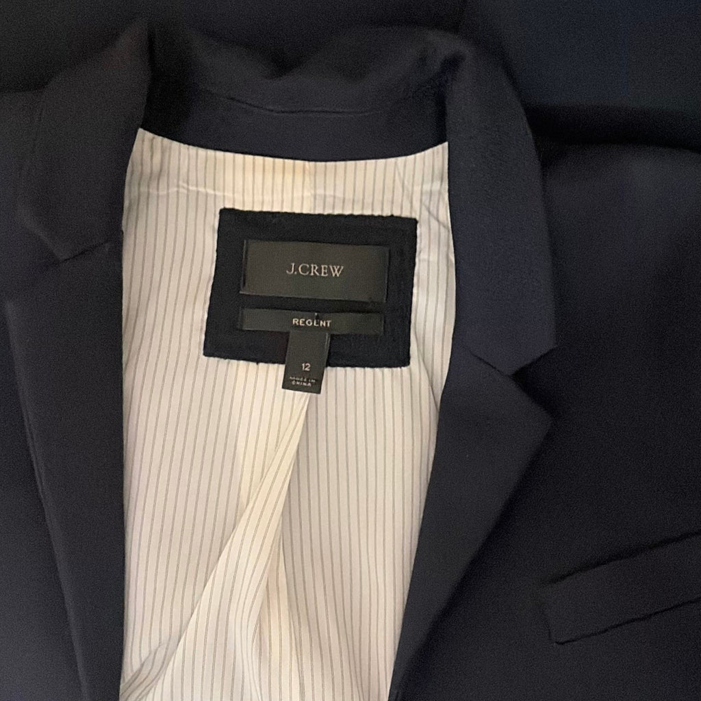 J. CREW Regent Blazer Navy Blue Wool Flannel Striped Lining Single Button 12