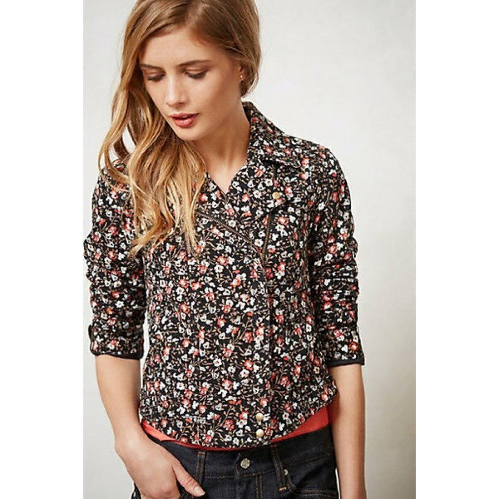 Anthropologie HEI HEI Cropped Tinsley Bomber Moto Jacket Floral Print Size 6