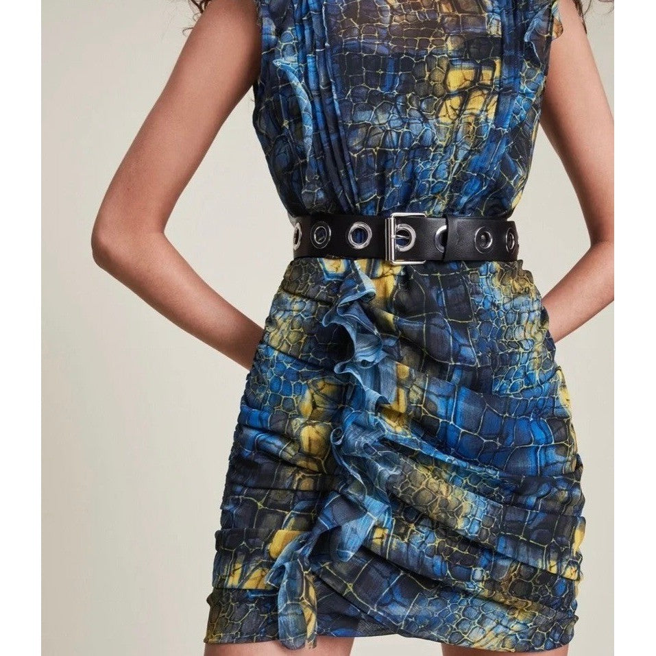 ALL SAINTS Hali Mirus Mini Dress Snakeskin Yellow Blue Ruffled Allsaints Size 4