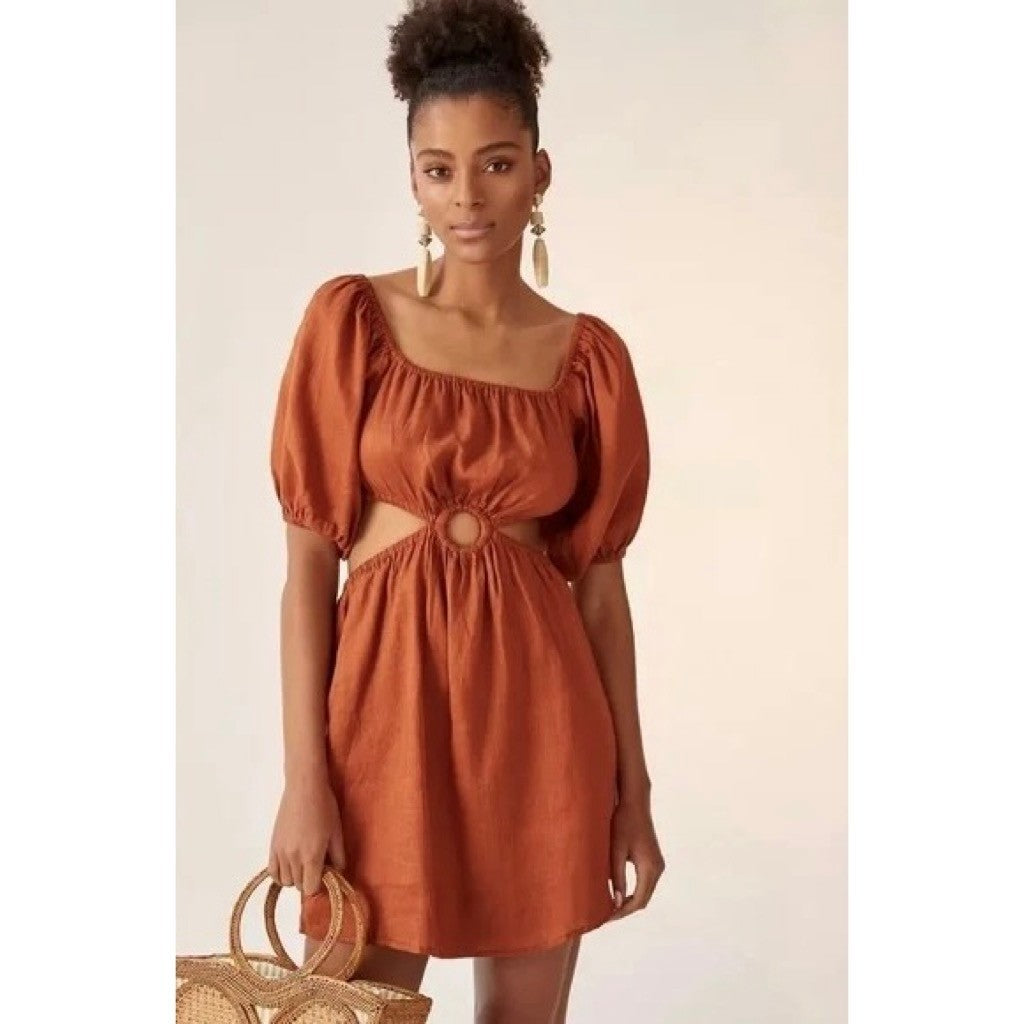 Revolve FAITHFULL THE BRAND Almero Linen Dress Brown Plain Spice Party X-Small