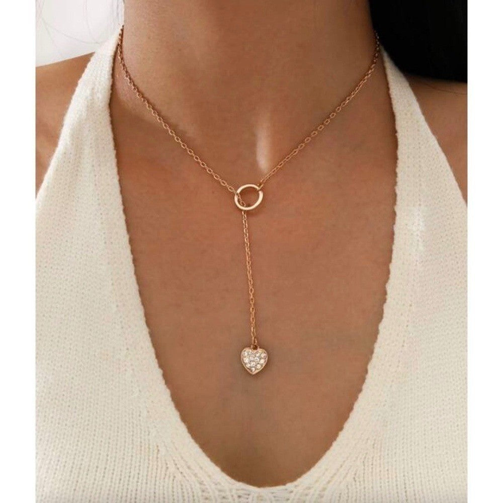NEW!! Gold Lariat Heart Rhinestone Necklace Delicate Dainty Boho Festival