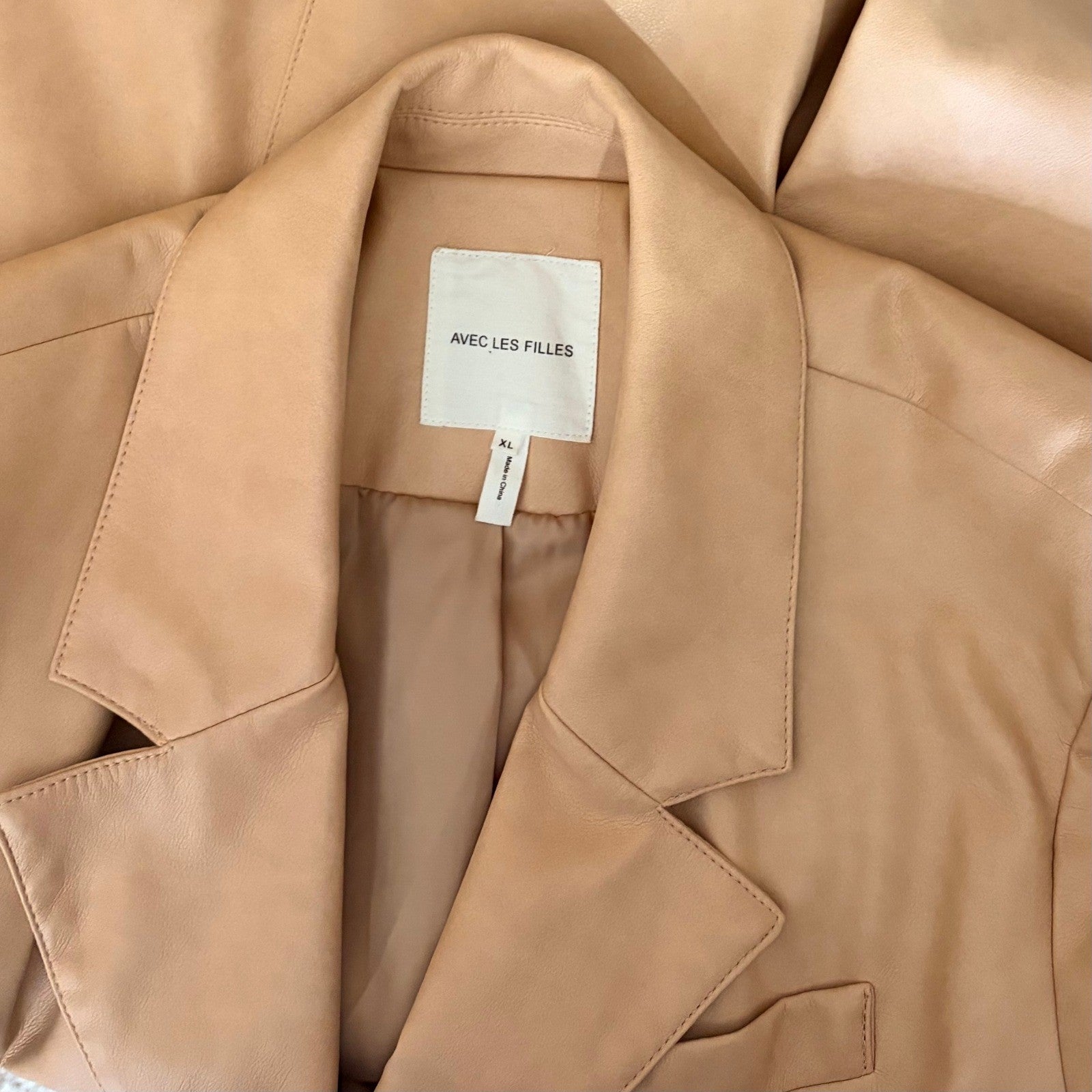 AVEC LES FILLES Tan Vegan Faux Leather Jacket Blazer Single Button Solid X-Large