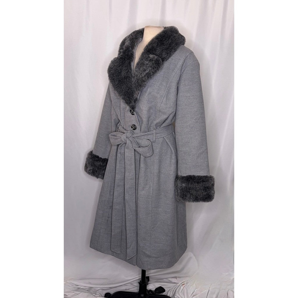 NWT!! LANE BRYANT Grey Belted Trench Coat Faux Fur Collar Cuffs Size 26 28