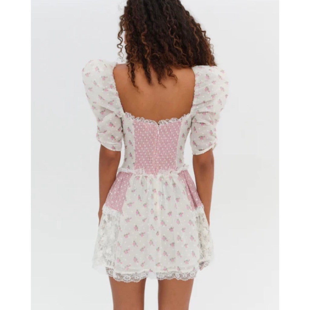 NWT!! FOR LOVE & LEMONS Francine Floral Patchwork Mini Dress Lace Coquette XS
