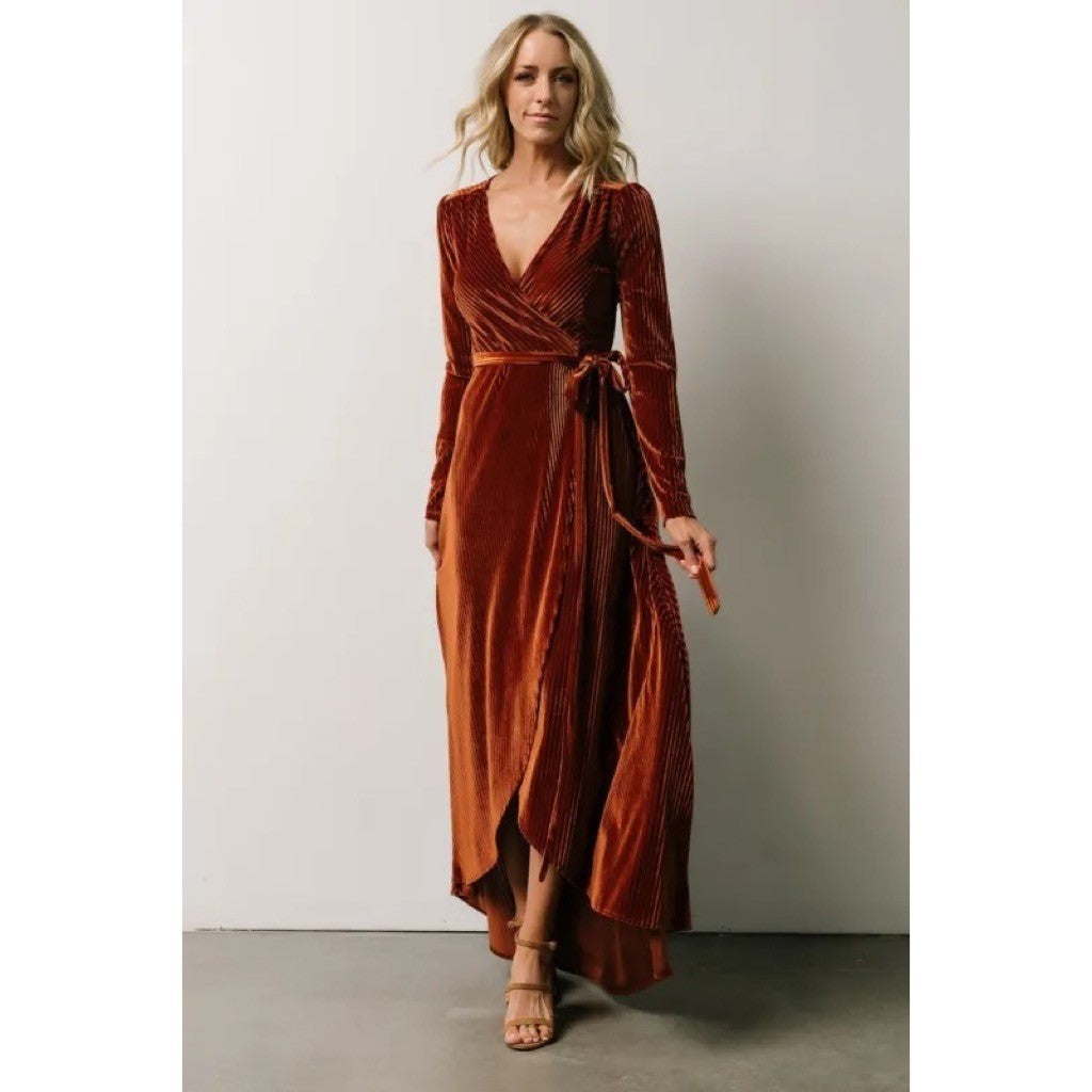 BALTIC BORN Andi Velvet High Low Maxi Dress Ribbed Party Holiday Copper Rust XS