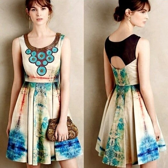 Anthropologie BHANUNI BY JYOTI Villette Dress Fit N' Flare Beaded Embellished 2