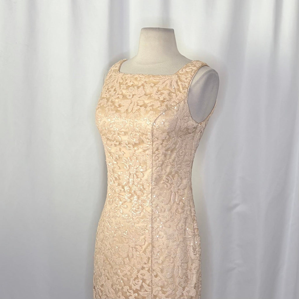 SUE WONG Nocturne Champagne Sequin Sleeveless Party Cocktail Sheath Dress Size 4