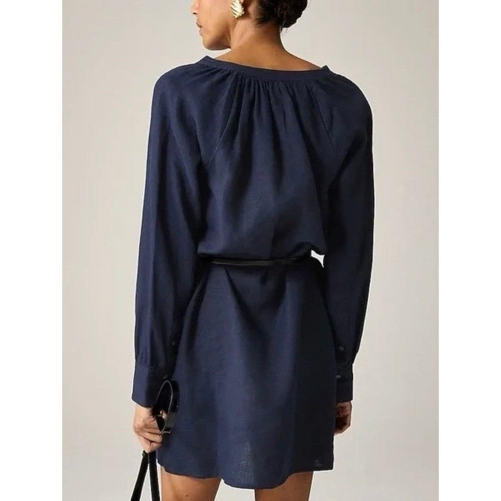NWT!! J. CREW Cabana Mini Dress Linen Navy Blue Belted Solid Vacation Medium