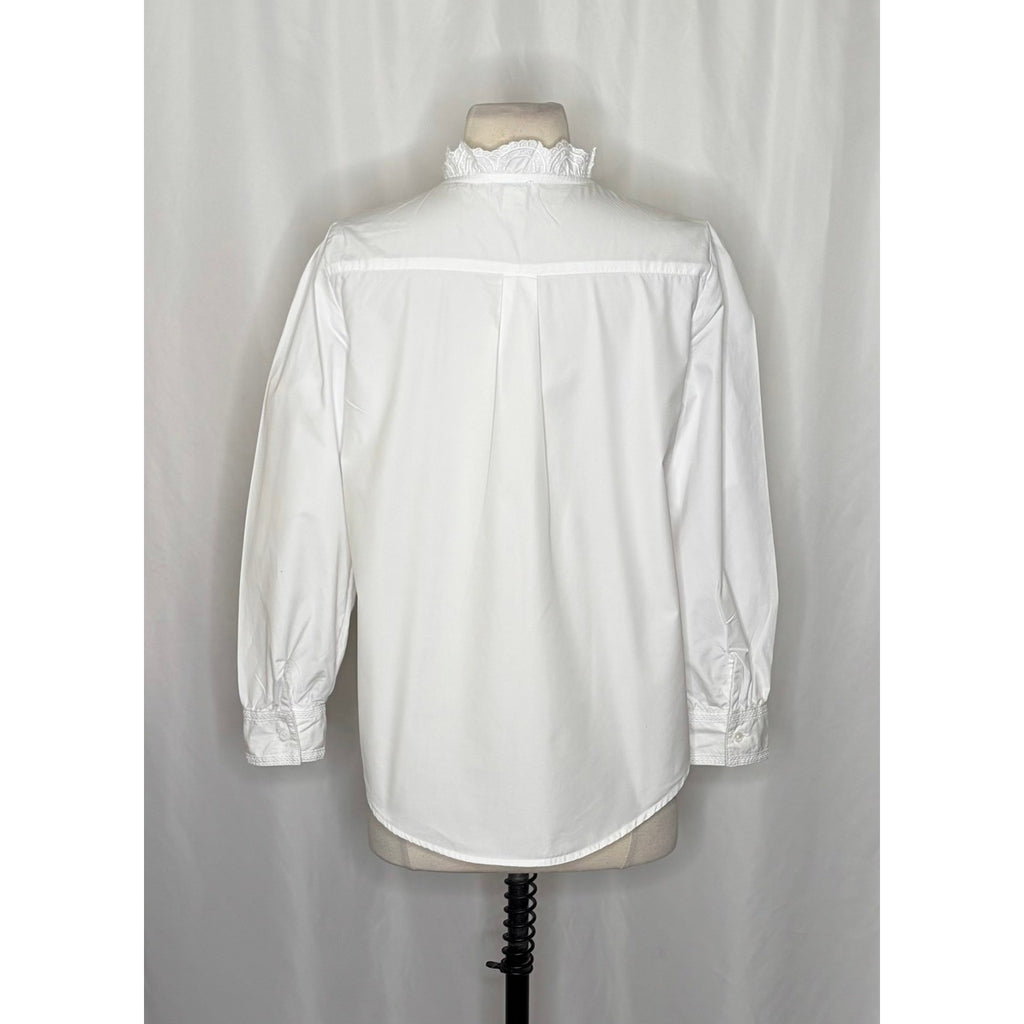 SUNDANCE White Pleated Embroidered Ruffled Buttondown Top Blouse Petite Small