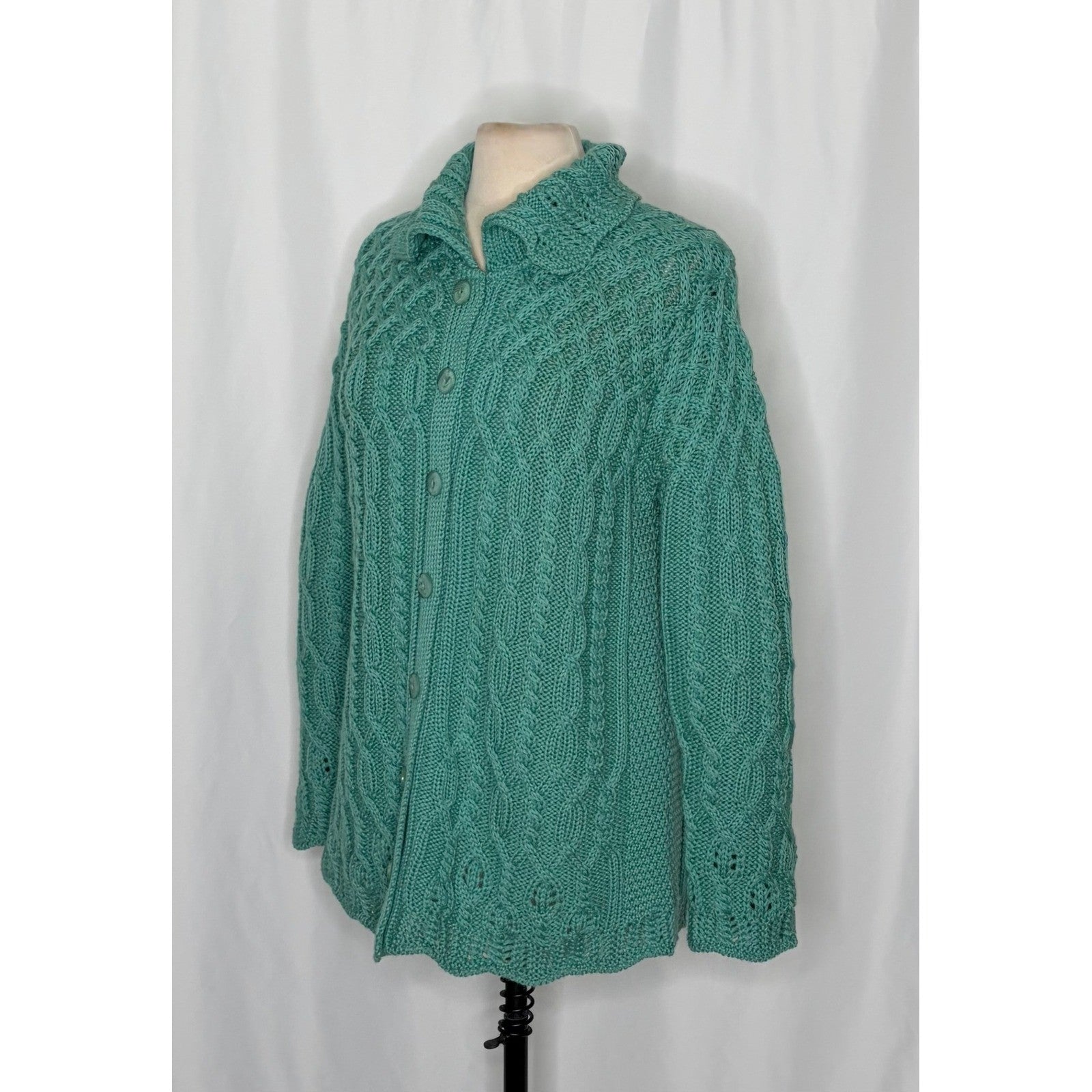 ARANCRAFTS Aran Crafts Merino Wool Green Cardigan Sweater Ireland Medium