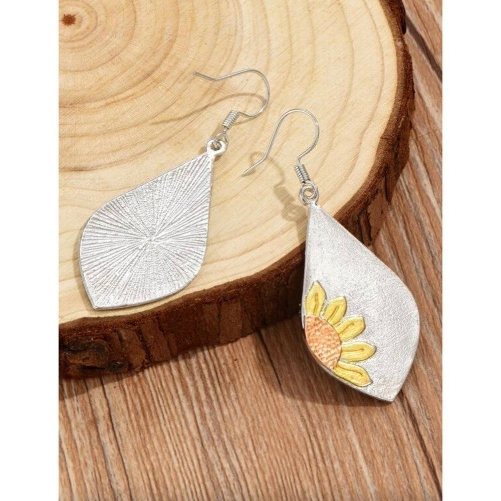 NEW! Boho Silver Retro Sunflower Rhombus Shaped Earrings Dangle Drop Floral