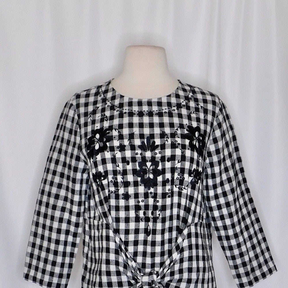 NWT!! Anthropologie SEEN WORN KEPT Black & White Gingham Top Embroidered Size 4