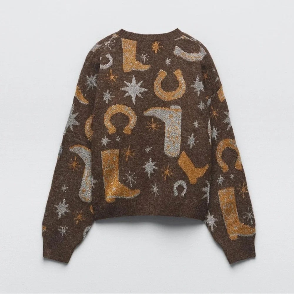 ZARA Western Cosmic Cowboy Boots Stars Jacquard Sweater Metallic Crewneck Small