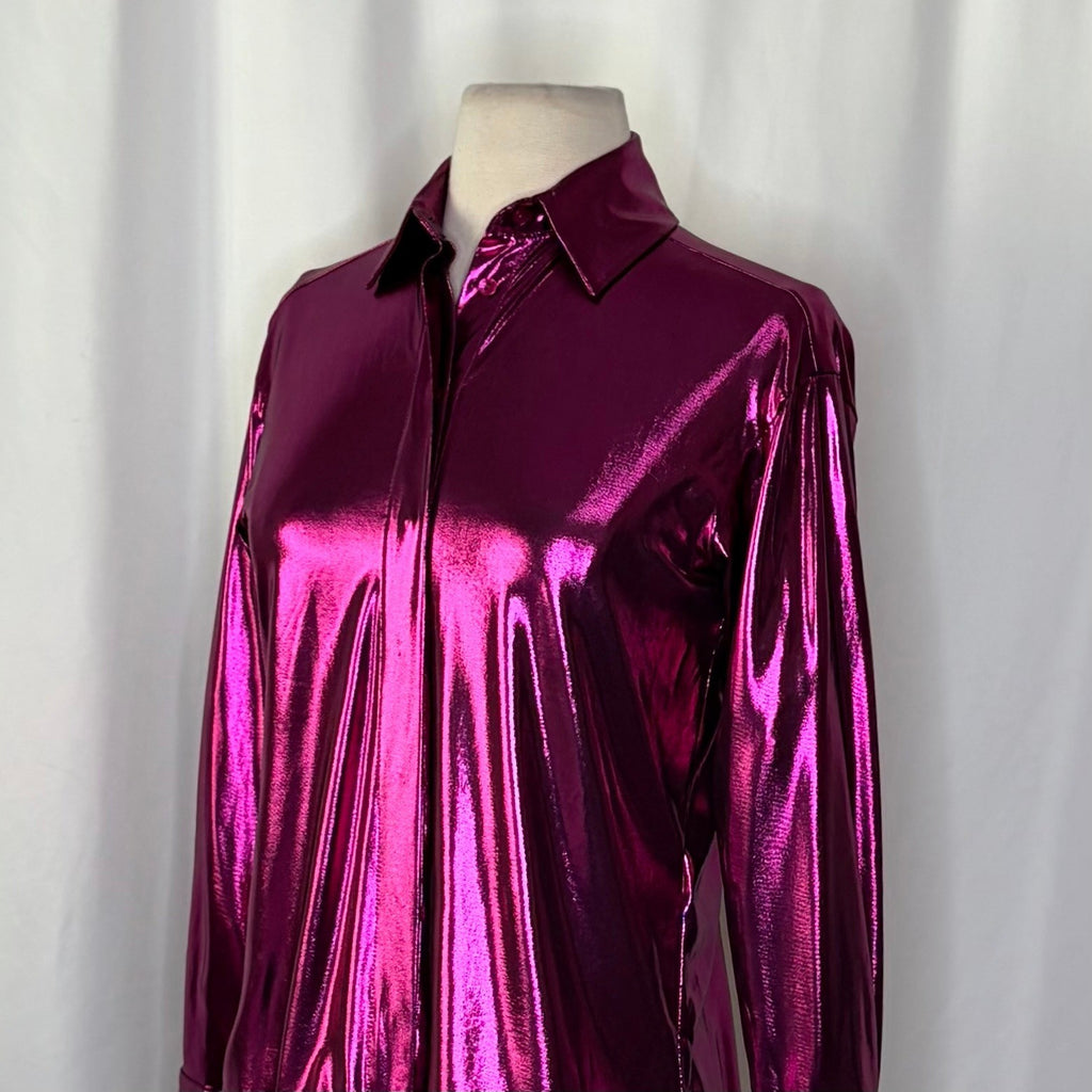 By ANTHROPOLOGIE Magenta Pink Shimmer Shine Lamé Buttondown Top Blouse X-Small