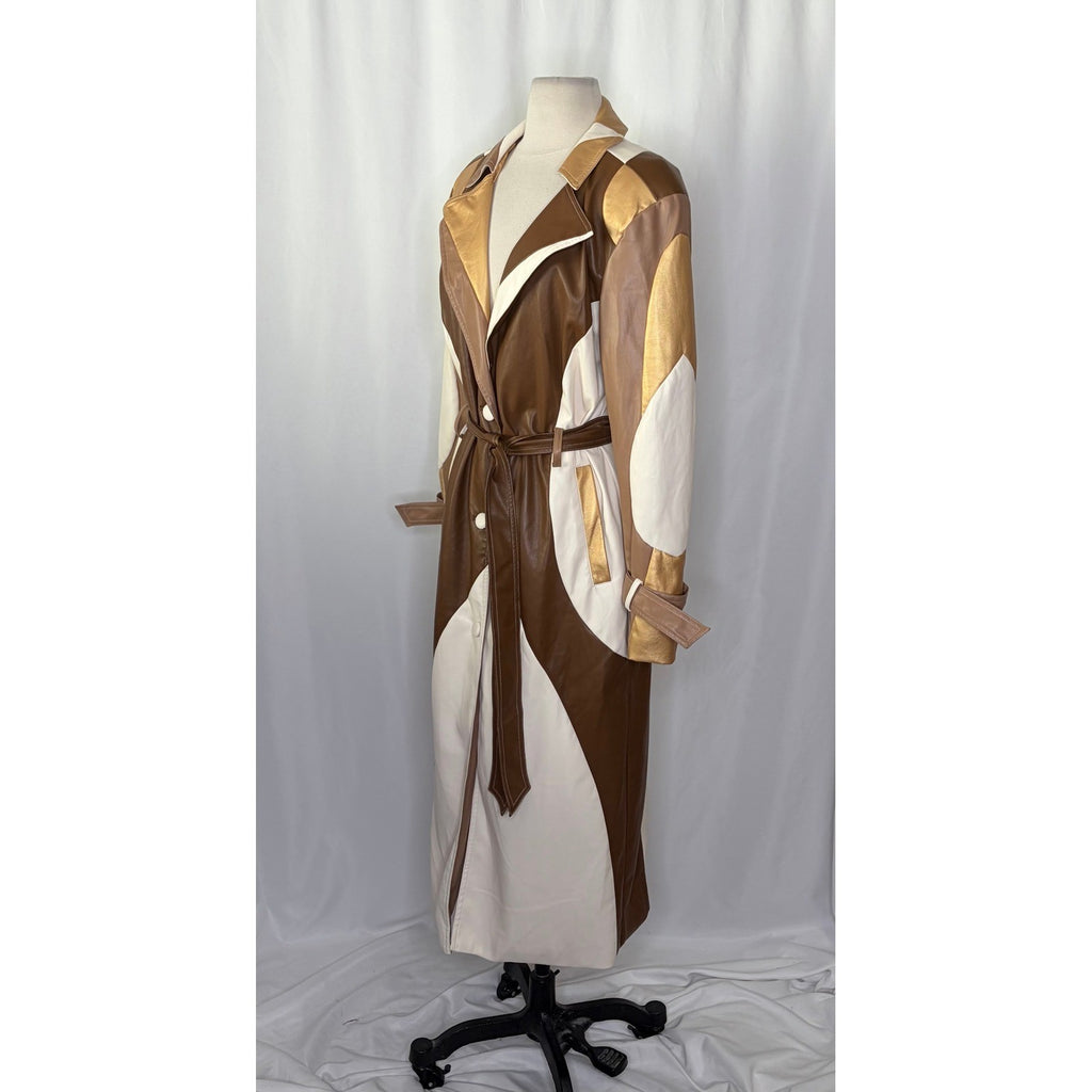 COLIN LOCASCIO Francine Patchwork Trench Coat Vegan Leather Belted Retro Small