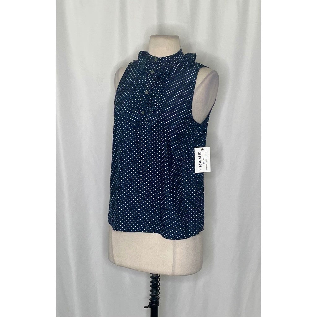 NWT!! FRAME Denim Silk Polka Dot Top Blouse Sleeveless Ruffled Coquette X-Small