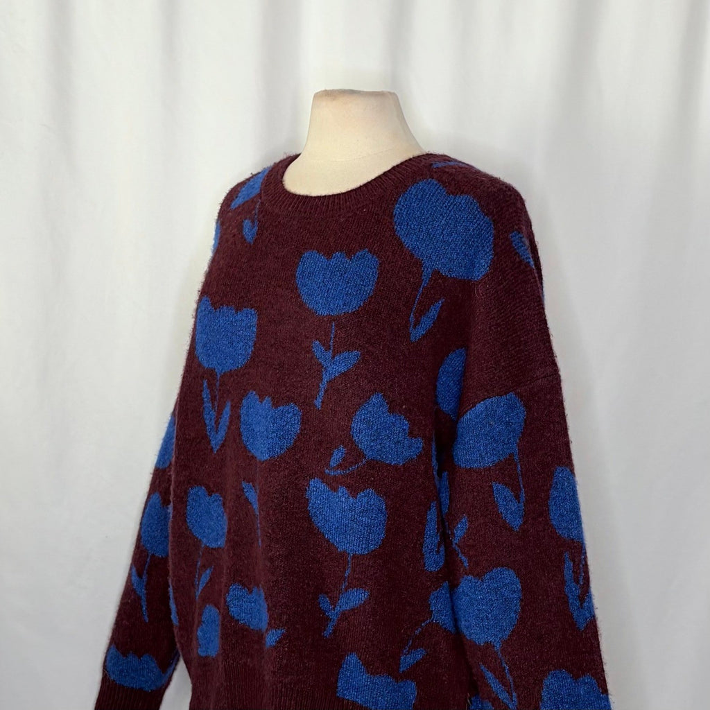 SCOTCH & SODA Crewneck Tulip Intarsia Pullover Sweater Burgundy Blue Large