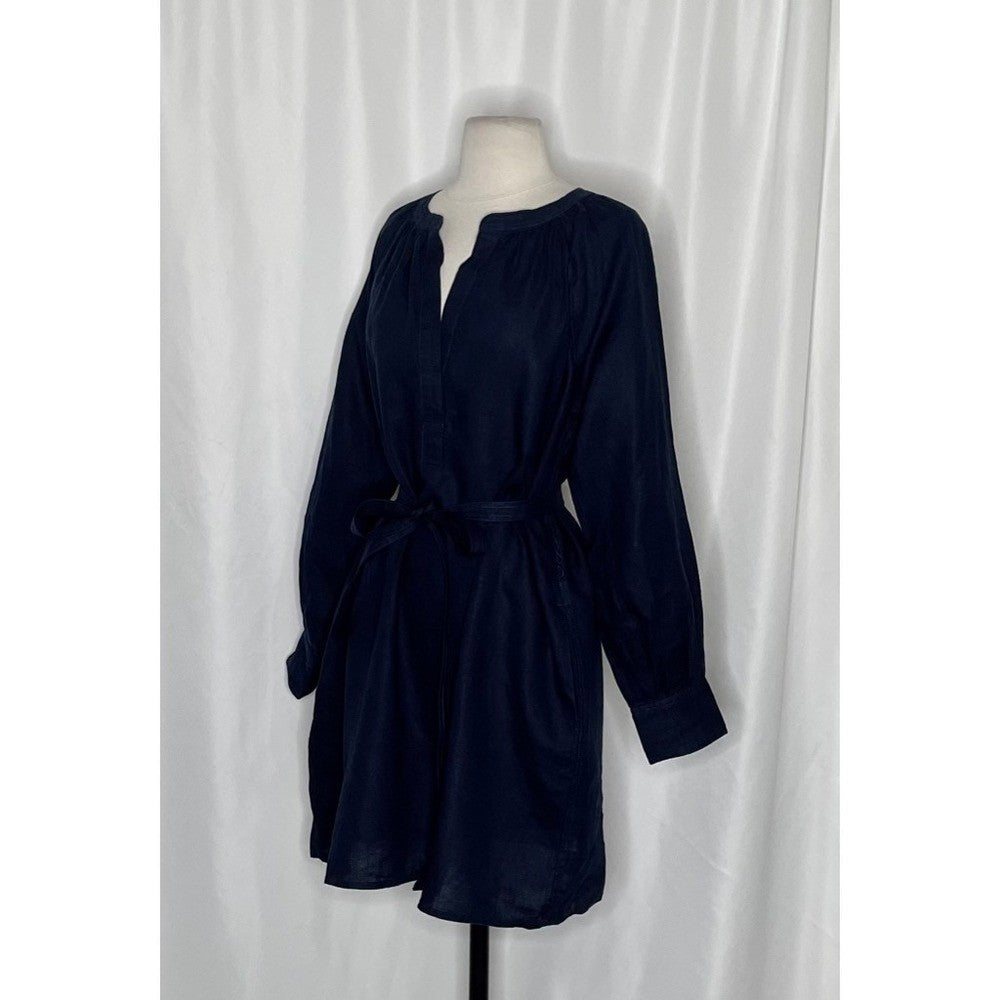 NWT!! J. CREW Cabana Mini Dress Linen Navy Blue Belted Solid Vacation Medium