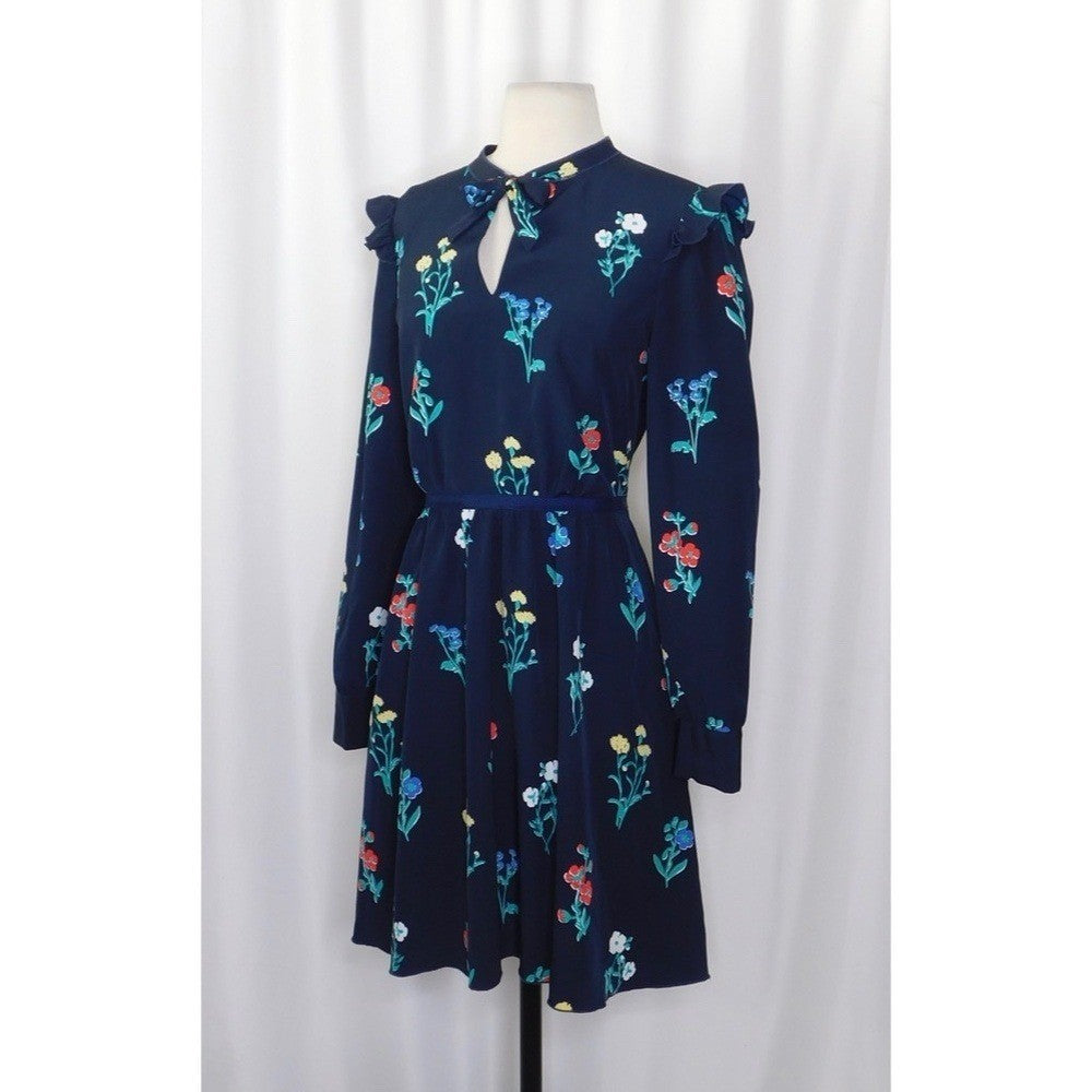 DRAPER JAMES Tisdale Navy Blue Floral Dress Tie Neck Ruffle Shoulders Size 8