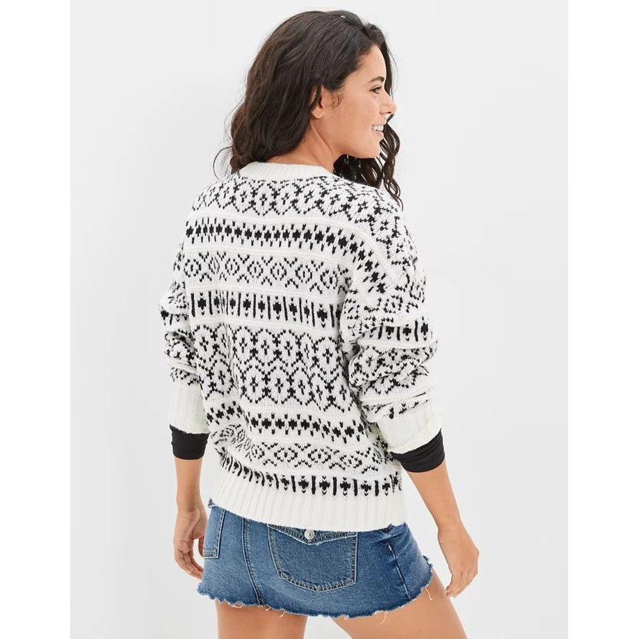 AMERICAN EAGLE Outfitters Fairisle Crew Neck Sweater Black White Fair Isle Small