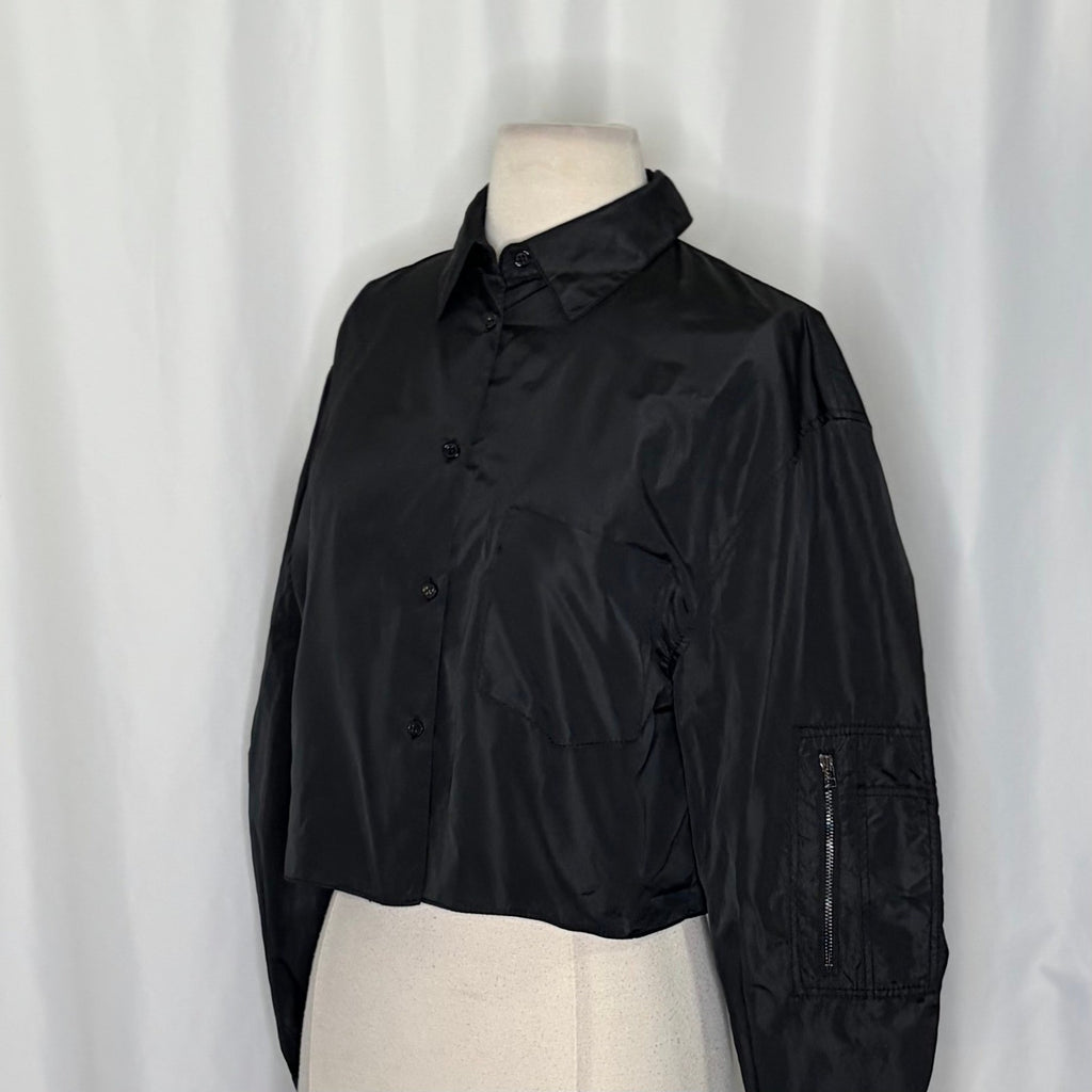 ZARA Black Cropped Pocket Shirt Gathered Long Sleeves Buttondown Solid Small