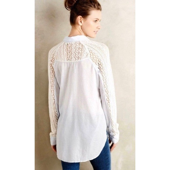 Anthropologie HOLDING HORSES White Lace Sleeve Buttondown Shirt Top Lacey Small