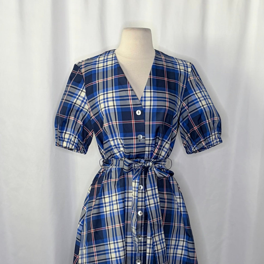 ZARA Blue Plaid Taffeta Dress Belted Tie Waist Midi Buttondown Preppy Small