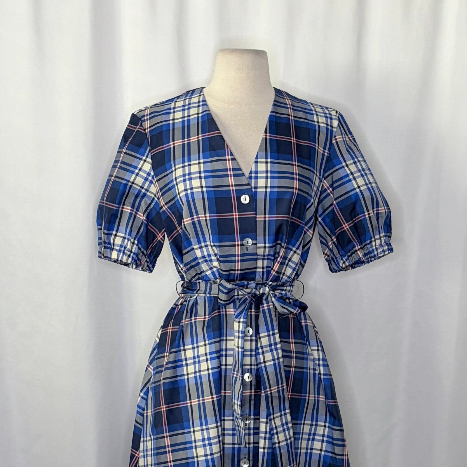 ZARA Blue Plaid Taffeta Dress Belted Tie Waist Midi Buttondown Preppy Small