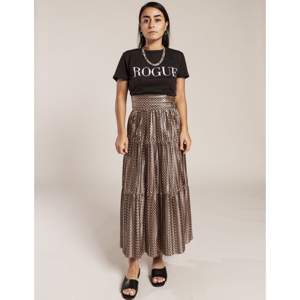 BA&SH Pleated Jupe Poly Midi Skirt Chevron Stripe Foil Metallic Tiered Size 6