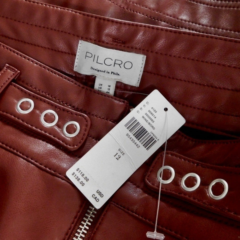 NWT!! Anthropologie PILCRO Fit-and-Flare Faux Leather Mini Skirt Wine Moto 12