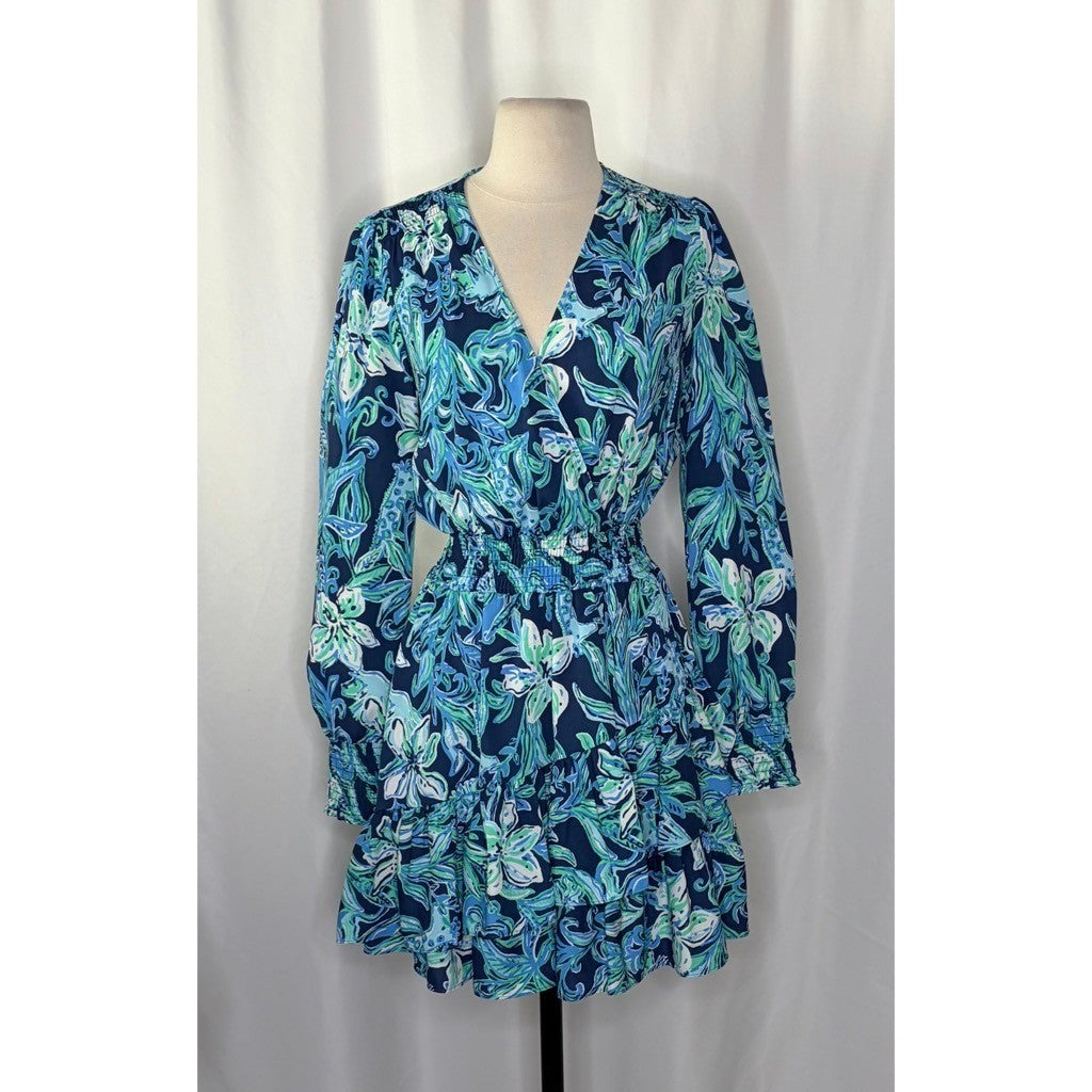 LILLY PULITZER Cristiana Dress High Tide Navy Take It Or Leaf It Smocked 0