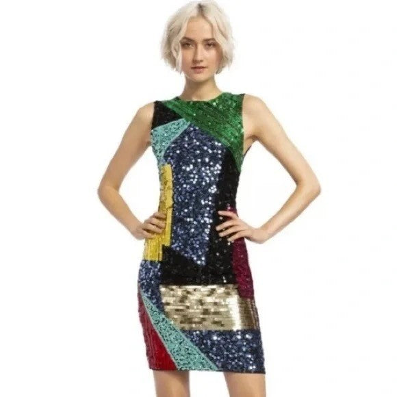 NWT!! ALICE + OLIVIA Nat Sequin Embellished Dress Sheath Beaded Colorful Size 2