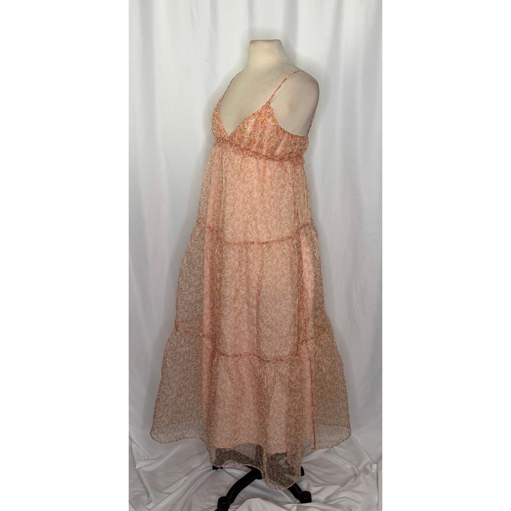 ZARA Organza Pink Peach Floral Maxi Dress Tiered Sundress Summer Vacation Medium