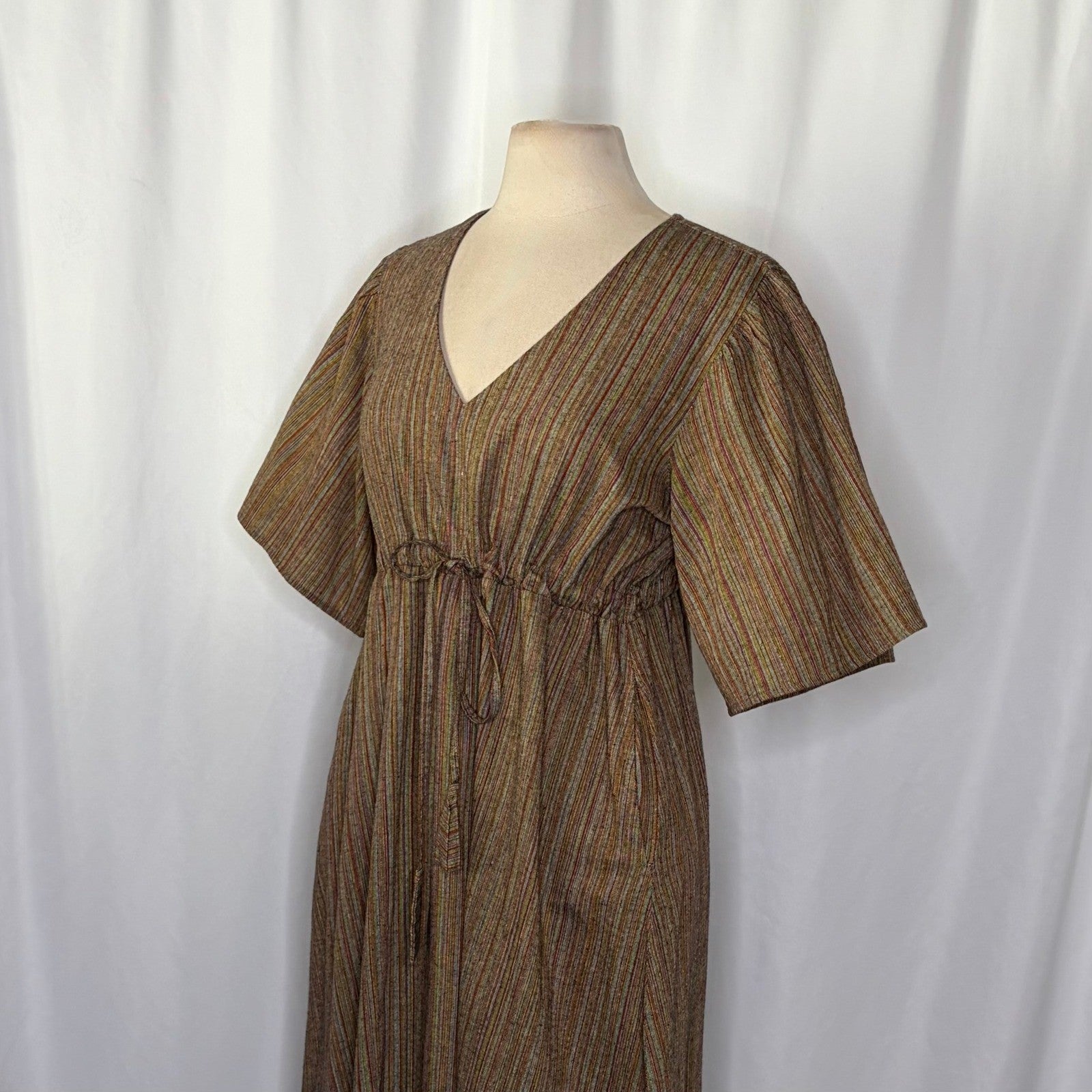 KEMI TELFORD Striped Midi Dress Cotton Tie Waist Western Retro Stripes Medium