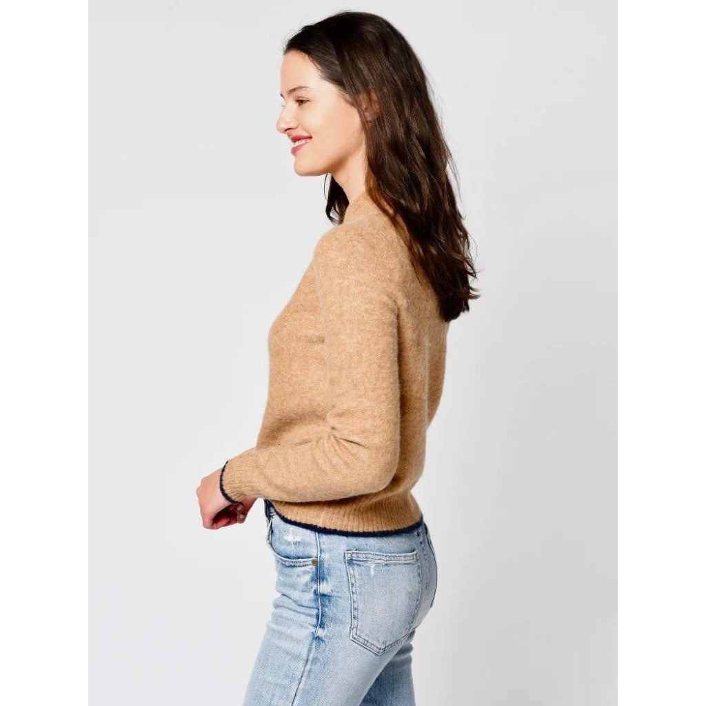VINCE Contrast Tip Wool Alpaca Pullover Sweater Camel Brown Navy Blue Medium