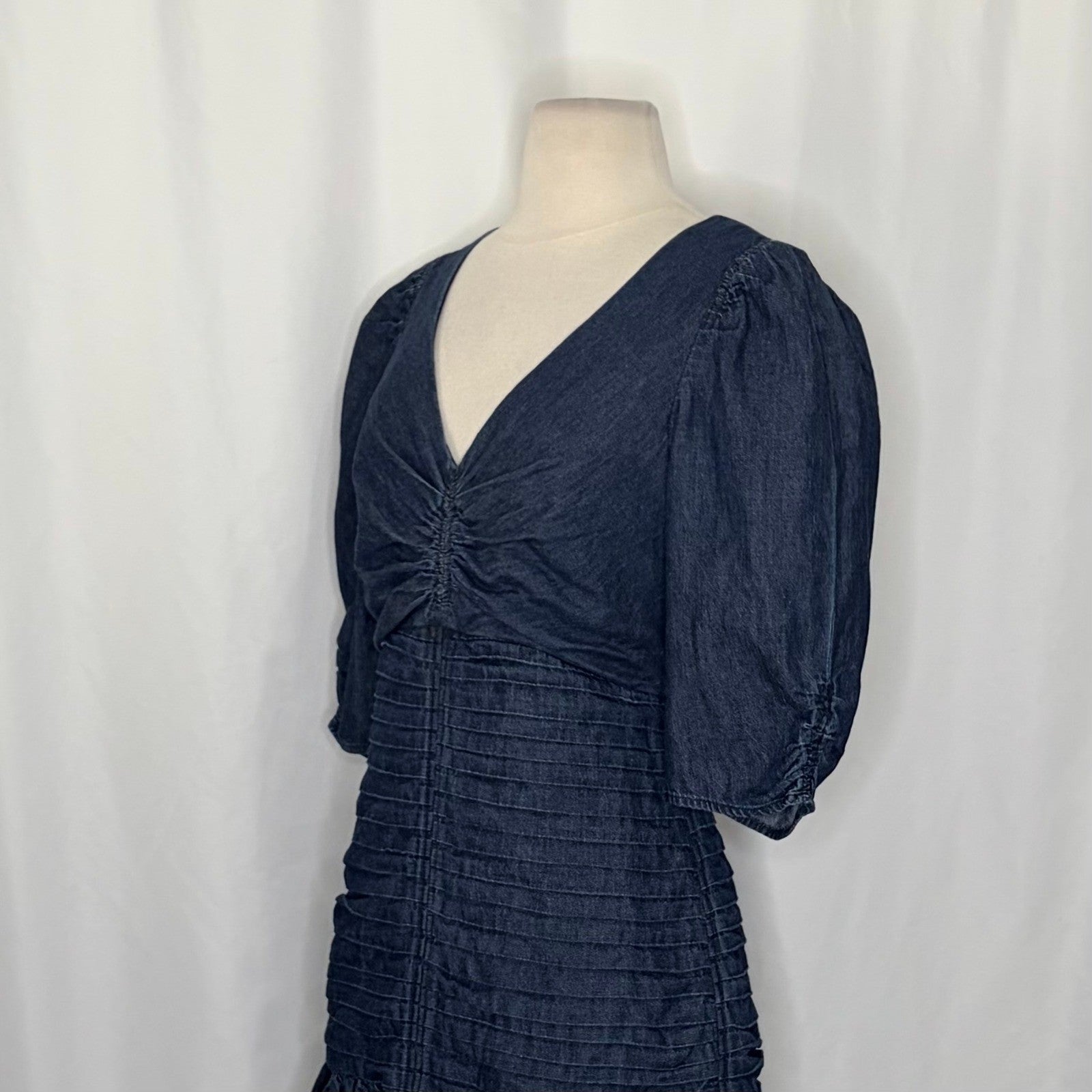 TANYA TAYLOR Pansy Dress Blue Denim Pleated Mini Puffed Sleeves Flirty Size 6