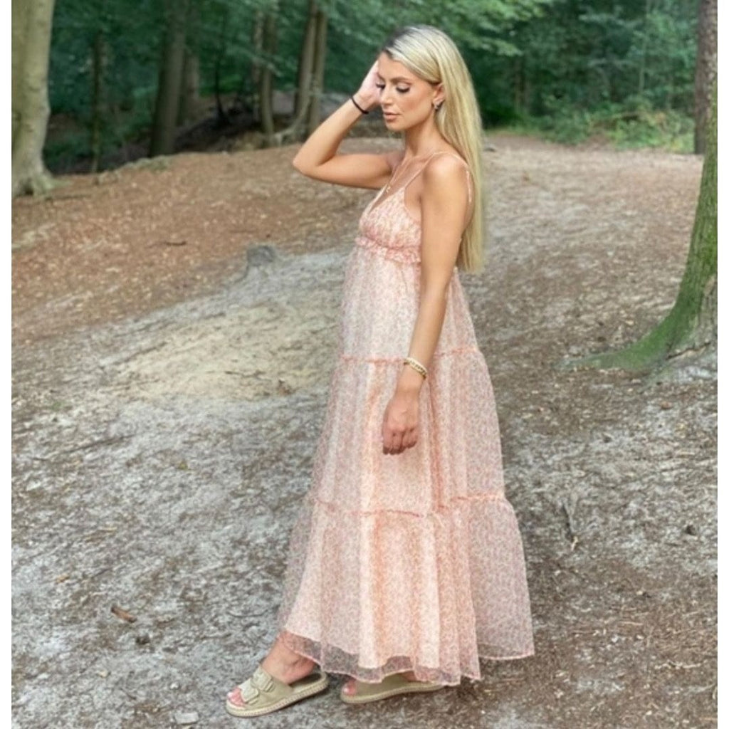 ZARA Organza Pink Peach Floral Maxi Dress Tiered Sundress Summer Vacation Medium