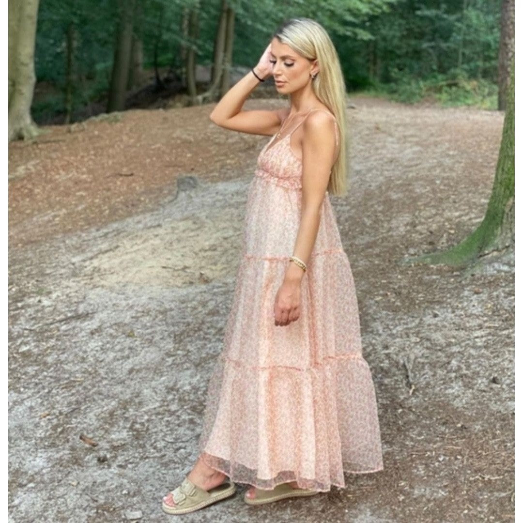 ZARA Organza Pink Peach Floral Maxi Dress Tiered Sundress Summer Vacation Medium