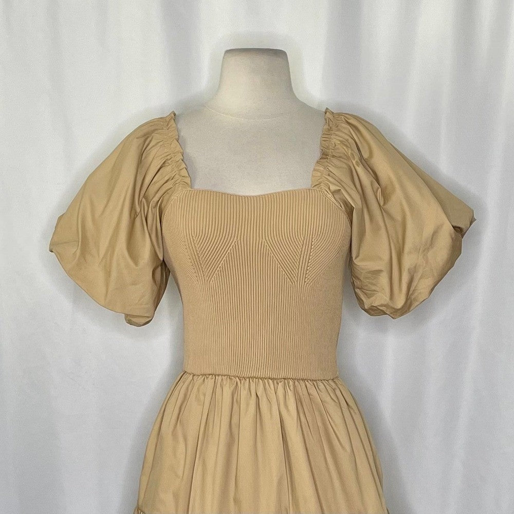 NWT! ENDLESS ROSE Mix Media Mini Dress Latte Brown Puff Sleeves Corset Bodice XS