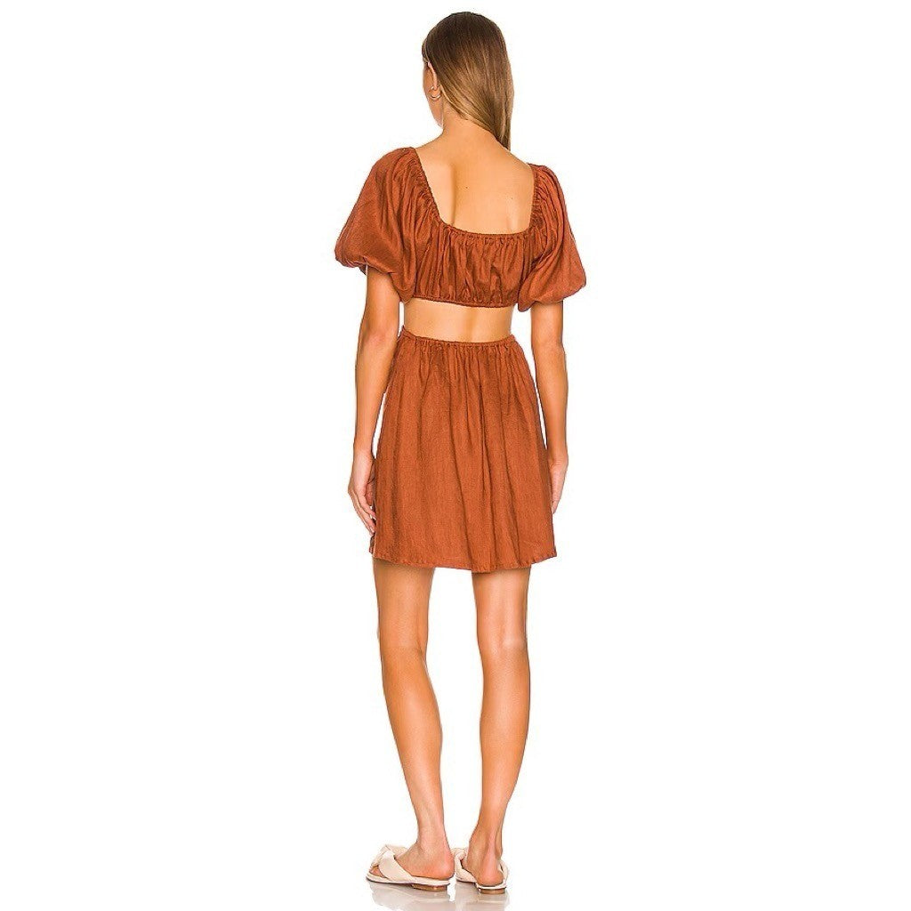 Revolve FAITHFULL THE BRAND Almero Linen Dress Brown Plain Spice Party X-Small