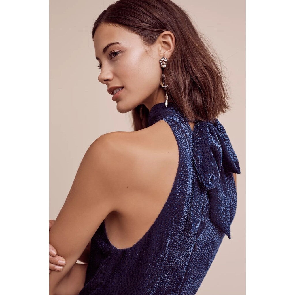 Anthropologie ELEVENSES Velvet Nova Jumpsuit Mock Neck Textured Blue Size 6