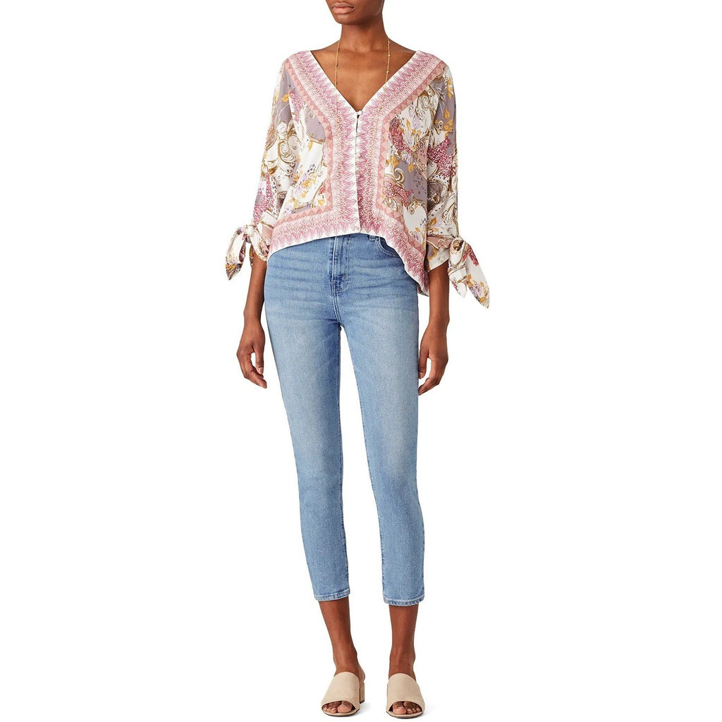 FREE PEOPLE Catch Me If You Can Top Blouse Boho Floral Tie Sleeves Pink Small