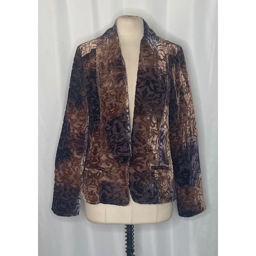 SUNDANCE Firelight Silk Velvet Blazer Jacket Damask Burnout Brown Purple Size 10