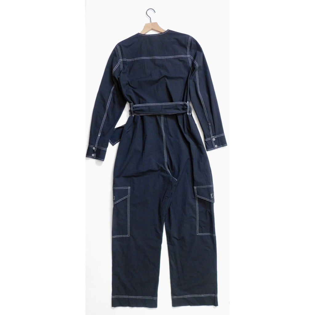 NWT!! GANNI Belted Contrast-Stitch Jumpsuit Black Cargo Pockets Organic Cotton 8