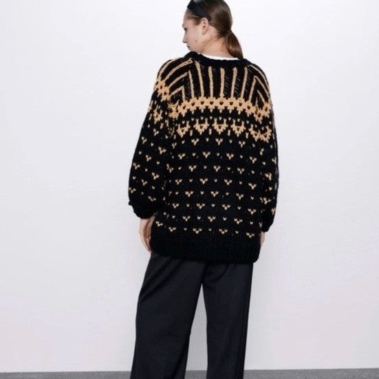 ZARA Limited Edition Beaded Jacquard Sweater Black Brown Oversized Chunky Small