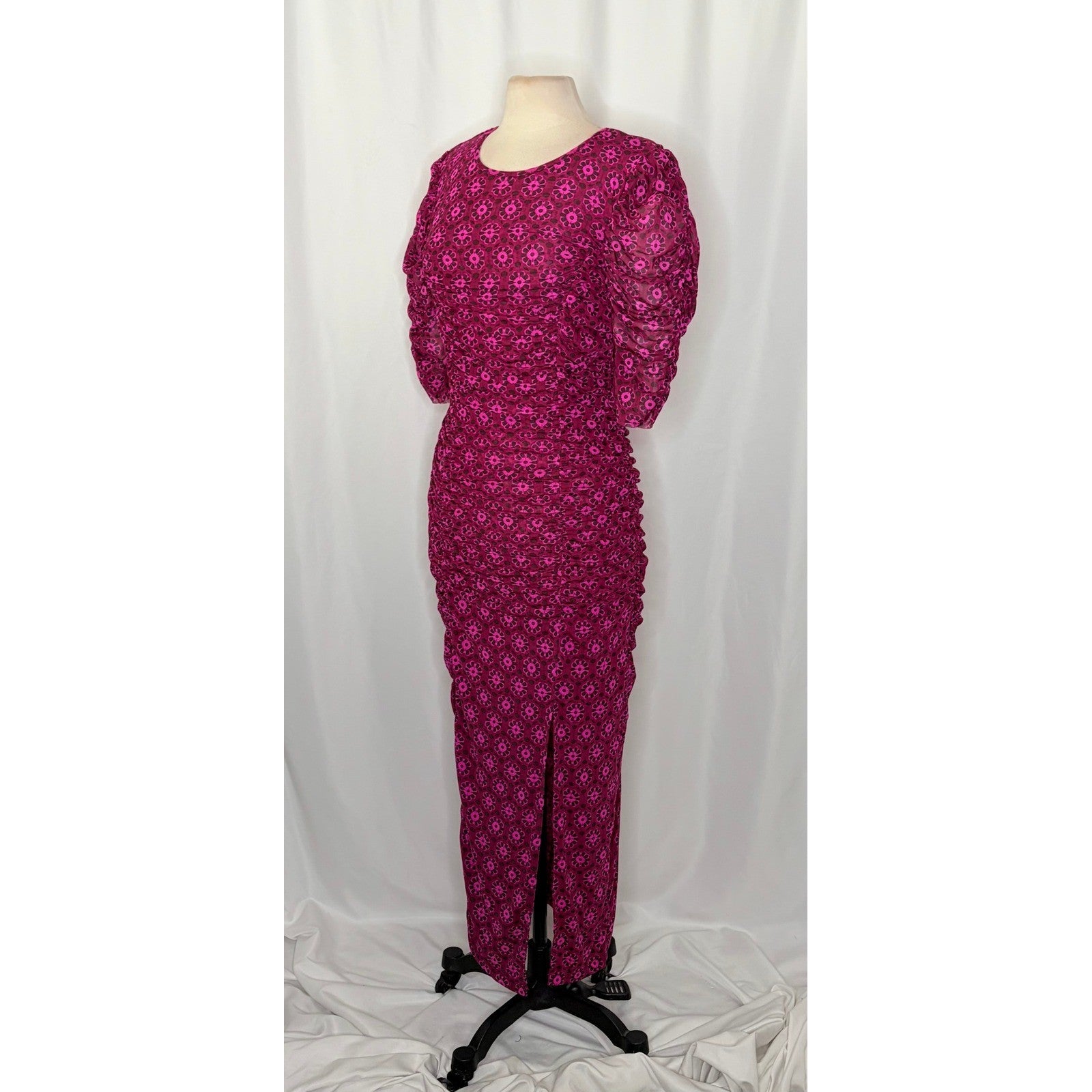 FREE PEOPLE Briella Dress Floral Ruched Midi Fuchsia Combo Ruching Party Large