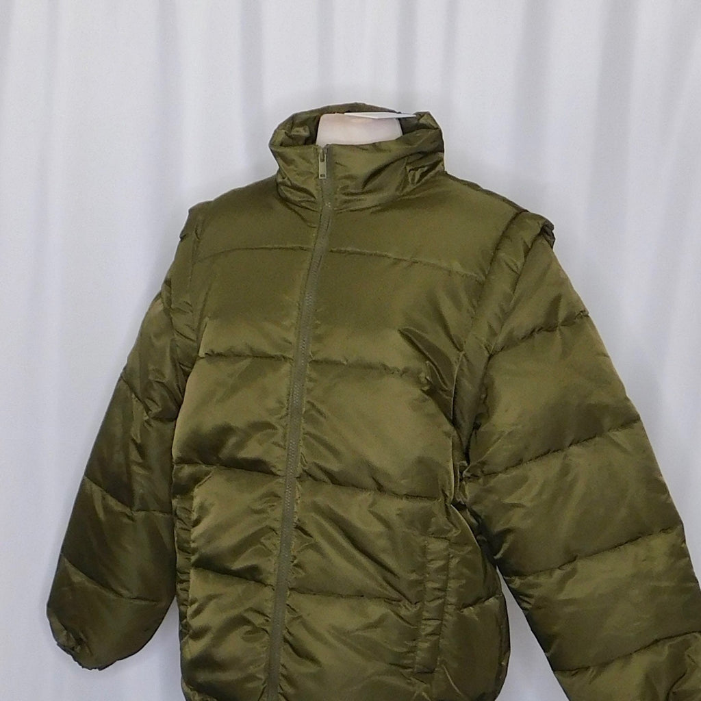 NWT!! WEWOREWHAT Zip Off Sleeve Nylon Puffer Jacket Military Olive Medium