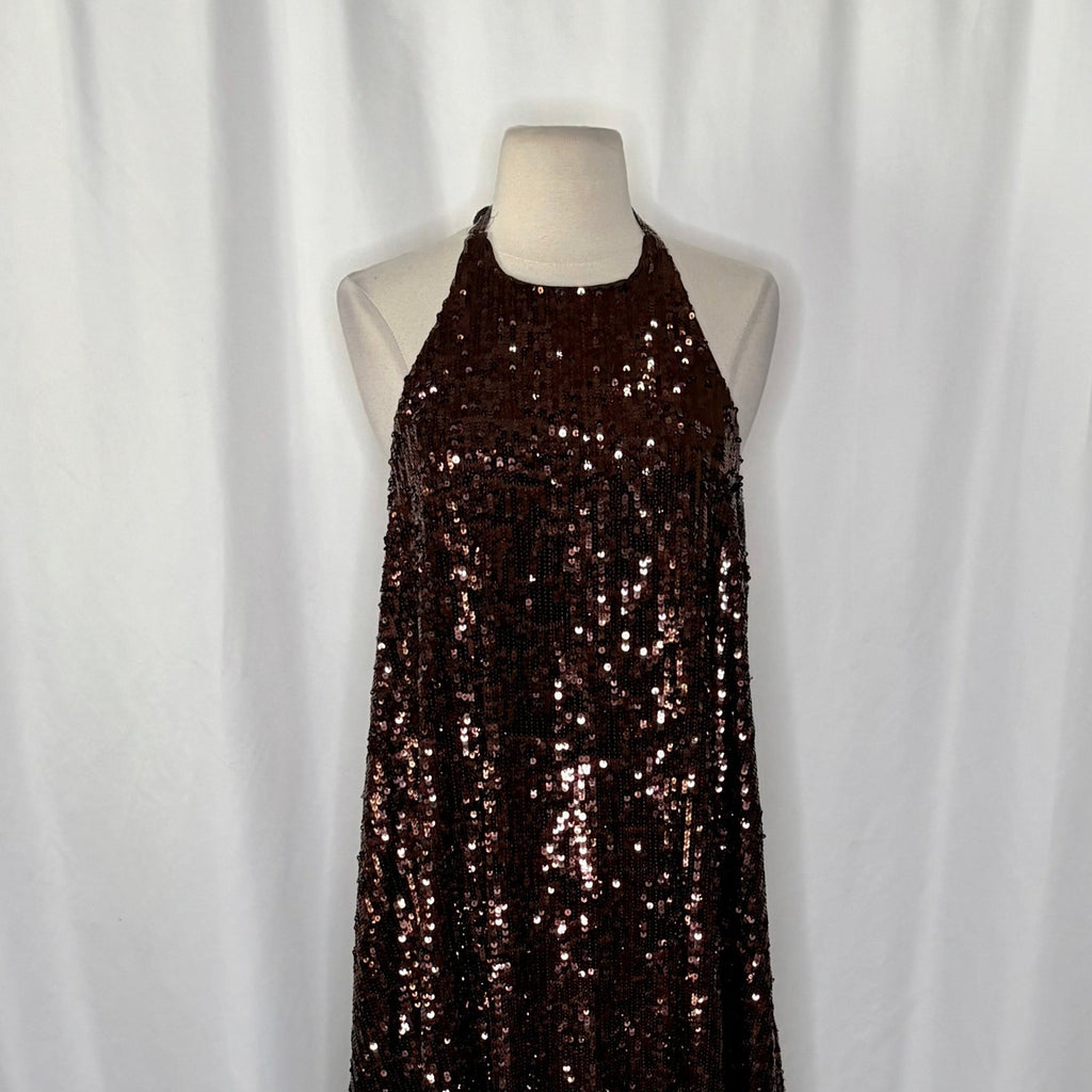ZARA Chocolate Brown Sequin Halter Maxi Dress Festive Party Sequinned Small