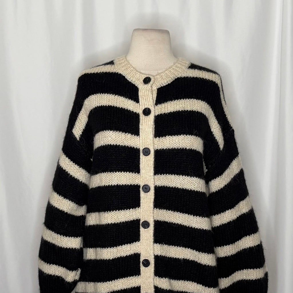 ZARA Long Striped Cardigan Sweater Black Ivory Striped Wool Alpaca Knit Small