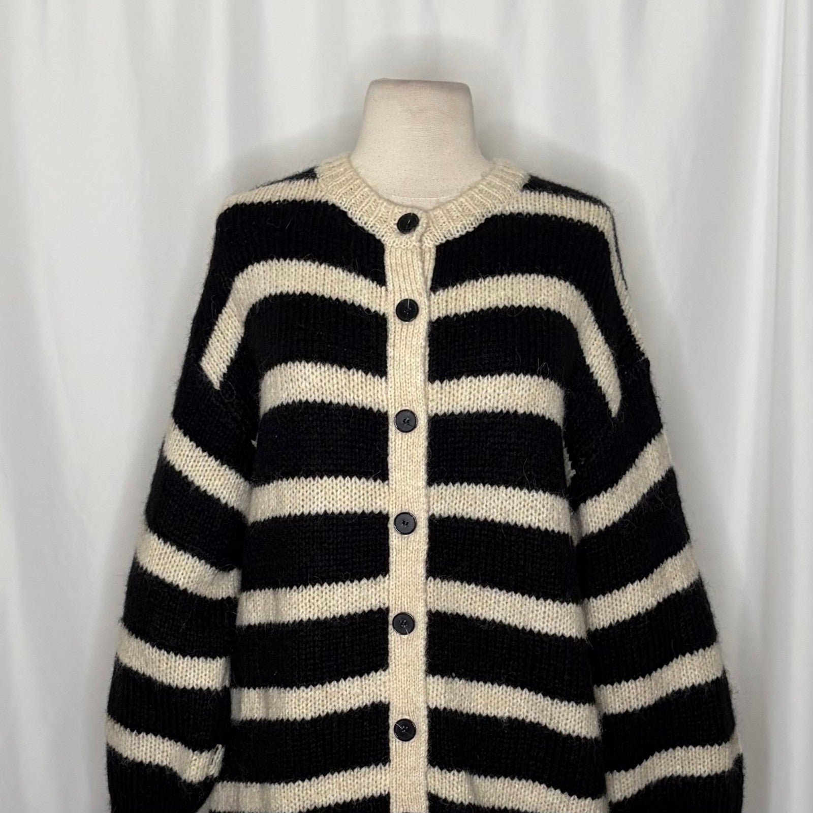 ZARA Long Striped Cardigan Sweater Black Ivory Striped Wool Alpaca Knit Small